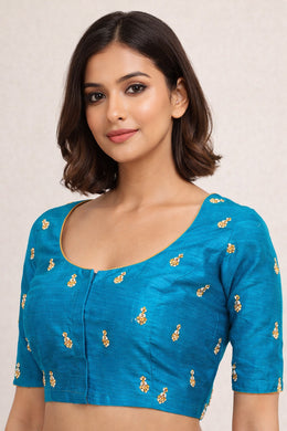 Blue Aari Embroidered Raw Silk Blouse 10066509