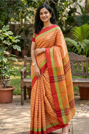 Beige And Pink Vegan Silk Kanjivaram Saree With Checks Design 10076309