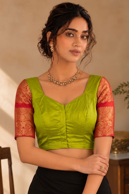 Honey Olive Green Kanjivaram Silk Blouse With Contrast Saffron Brick Red Border 10076636
