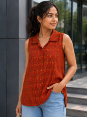 Red Ajrakh Printed Women Sleeveless Shirt 10077187