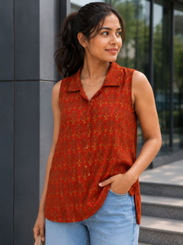 Red Ajrakh Printed Women Sleeveless Shirt 10077187