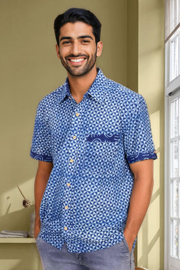 Indigo Handblock Print Pre-Washed Pure Cotton Shirt 10074408
