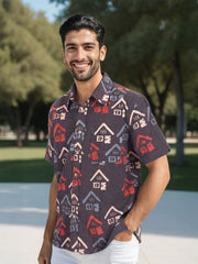 Black Half Sleeve Ajrakh Printed Cotton Mens Shirt 10073059