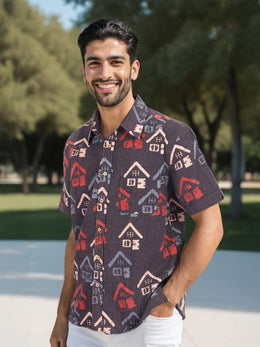 Black Half Sleeve Ajrakh Printed Cotton Mens Shirt 10073059