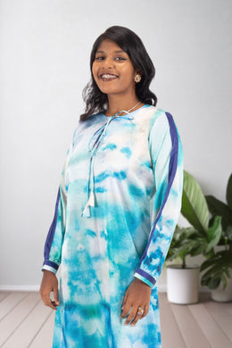 Blue Printed Vegan Charmeuse Silk Dress 10074048