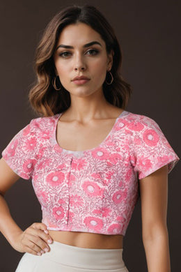 Pink Handblock Printed Cotton Blouse 10075224