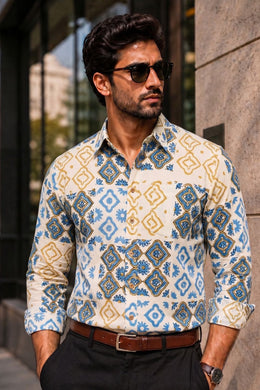 Cream Full Sleeve Ajrakh Printed Cotton Mens Shirt 10072719