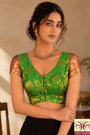 Nature Glow Green Kanjivaram Silk Blouse With Floral Motifs and Floral Border 10076637