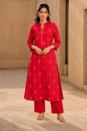 Red Hand Embroidered Cotton Kurta  10077659