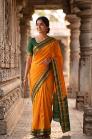 Sunset Yellow Mysore Crepe Silk Saree With Zari Border 10076258