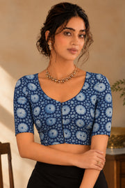 Blue Indigo Hand Block Print Cotton Blouse 10078147