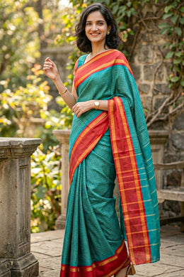 Green Vegan Silk Kanjivaram Saree With Checks Design 10076326