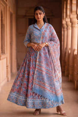 Blue Hand Block Printed Chaniya Choli With Kota Doria Dupatta  10066331