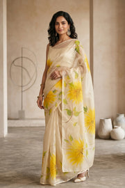 Orange Hand Painted Organza Saree 10065922