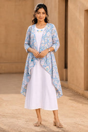White Embroidered Midi Coat Cotton Dress With Printed Jacket 10077648