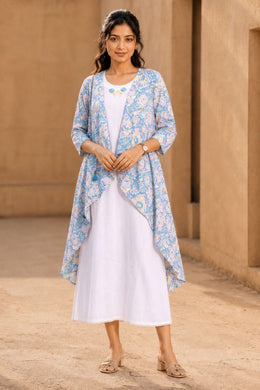 White Embroidered Midi Coat Cotton Dress With Printed Jacket 10077648