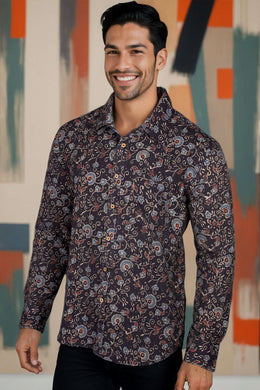 Brown Full Sleeve Ajrakh Printed Cotton Mens Shirt 10073000