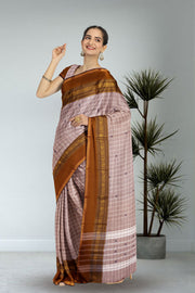 Brown Handloom Chettinad Cotton Saree Without Blouse 10075137