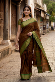 Brown Handloom Chettinad Cotton Saree 10077339