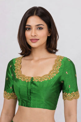 Dark Green Aari Embroidered Kanjivaram Silk Blouse 10064342