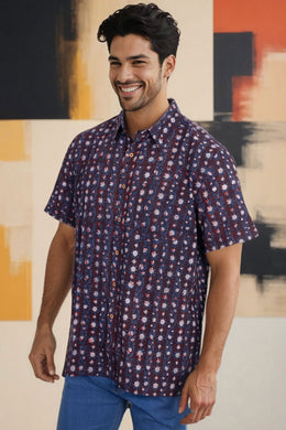 Brown Half Sleeve Jahota Printed Cotton Mens Shirt 10072990