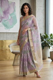 Violet Hand Painted Pure Silk Organza Banarasi Saree 10065750
