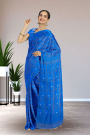 Blue Handloom Jamdani Style Cotton Saree with Blouse 10074216