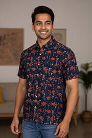 Blue Half Sleeve Jahota Printed Cotton Mens Shirt 10076223