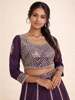 Deep Purple Silk Hand Embroidered Lehenga 10076889