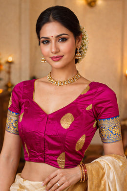 Royal Magenta Kanjivaram Silk Blouse With Floral Motifs and Floral Border 10076617