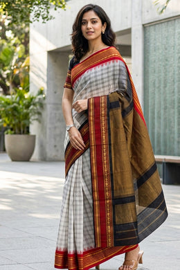 White Gadwal Kuttu Silk Saree With Temple Border 10077048
