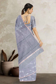 Grey Dragonfly Motifs Chanderi Printed Silk Cotton Saree 10075929
