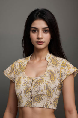 Beige Hand Block Vanaspathi Printed Cotton Blouse 10074480