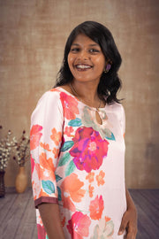 Peach Printed Vegan Charmeuse Silk Dress 10074056