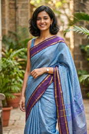 Kanjivaram Blue Vegan Silk Saree With Checks Design 10076325