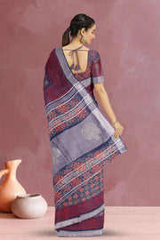 Blue Hand Block Printed linen saree 10070882