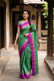 Green Vegan Silk Kanjivaram Saree With Checks Design 10077934