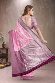 Kanjivaram Tissue Viscose Vegan Silk Saree in Carnation Pink with Silver Zari Contrast Border 10075570