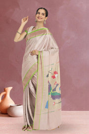 Beige Handloom Paithani Cotton Saree with Silk Pallu 10068432