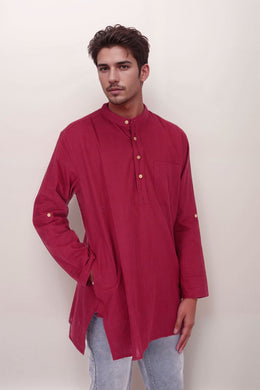 Maroon Full Sleeve Slub Cotton Solid Style Men's Kurta 10074255