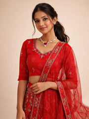 Red Net Silk Embroidered Lehenga 10076885