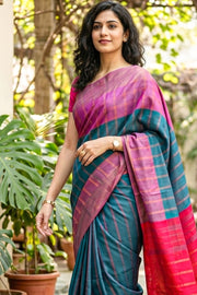 Blue Kanjivaram Vegan Silk Saree With Stripes Design 10076344