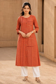 Rustic Brown Hand Embroidered Cotton Dress 10077653