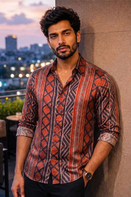 Brown Full Sleeve Jahota Print Modal Silk Mens Shirt 10074380