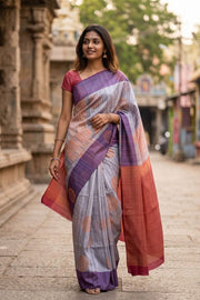 Cadet Grey Jute Weave Kanjivaram Vegan Silk Saree 10074639