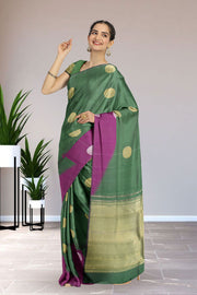 Violet and Green Pure Zari Rising Border Kanjivaram Silk Saree 10063124