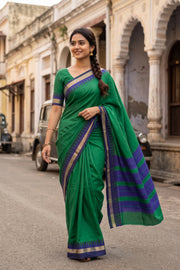 Emerald Green Vegan Silk Kanjivaram Saree With Temple Border 10077925