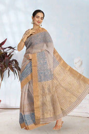 Cream Hand Block Printed Chanderi Saree 10049146