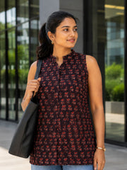 Black Jahota Hand block Printed Women Sleevless Shirt 10077194