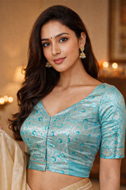 Coral Bay Blue Banarasi Silk Blouse with Floral Motif 10076604